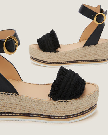 Lily Black Cotton Fringes Mid Wedge Espadrille - Odissì Studio USA - 3